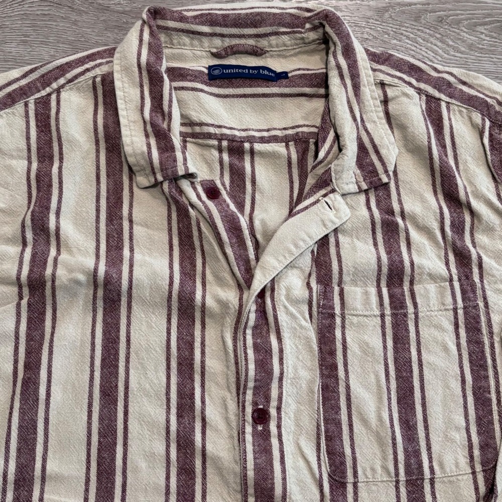 United By Blue Button Down Mens Large Striped Linen Blend Short Sleeve Preppy